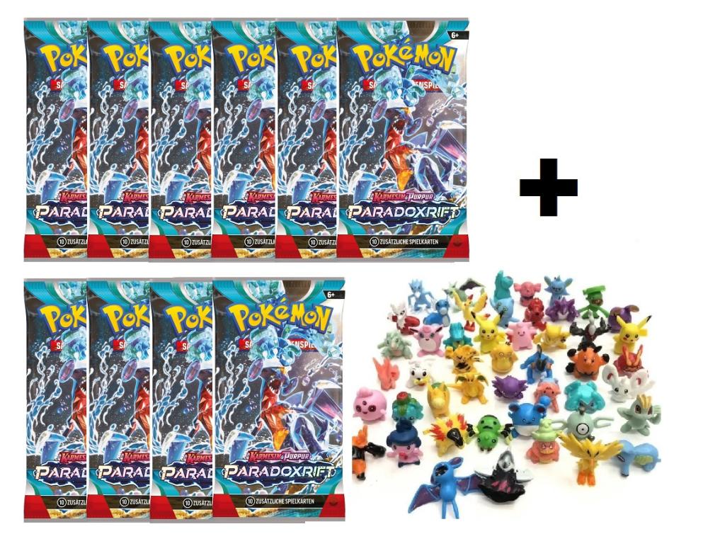 10 Pokemon Booster Packs "Paradoxrift" + 3 Sammelfiguren